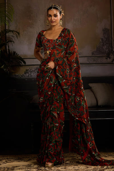 Rust leaf print pre-draped skirt sari set