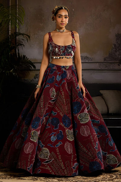 Wine leaf printed structured lehenga set