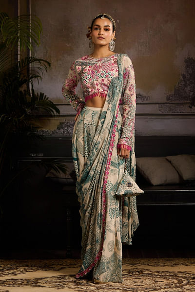Beige teal printed pre-draped pant sari set