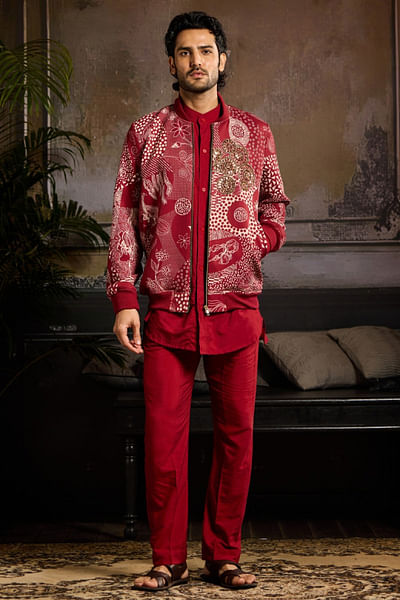 Maroon artsy printed bomber jacket set