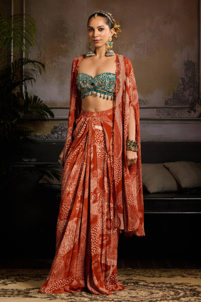 Rust abstract printed cape and drape skirt set