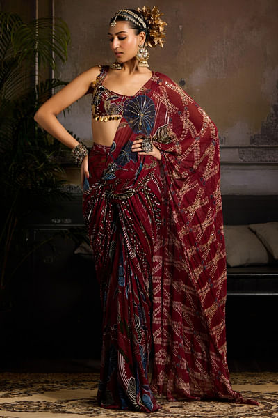 Wine leaf printed pre-draped sari set
