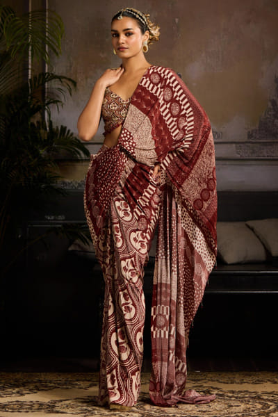 Maroon leaf print pre-draped skirt sari set