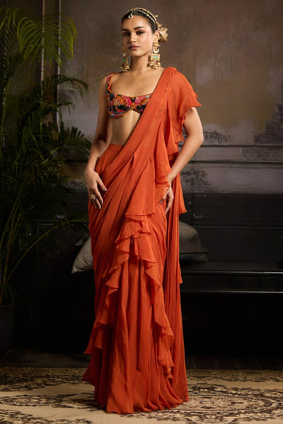 Rust pre-draped frill skirt sari set
