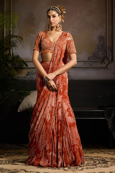 Rust abstract print pre-draped skirt sari set
