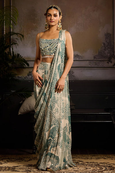 Beige and teal print pre-drape skirt sari set