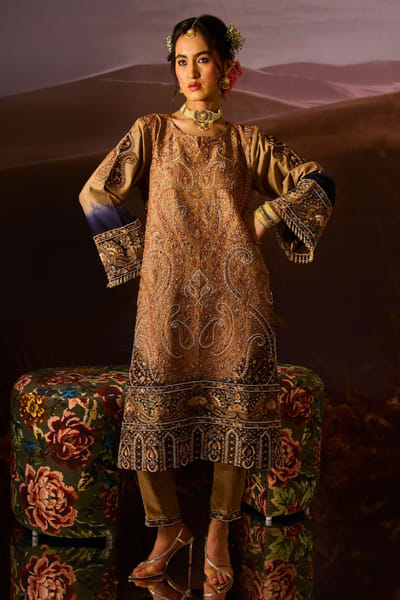 DAR-E-AAB Brown-blue paisley embroidered kurta set DAR-MAY26D145291