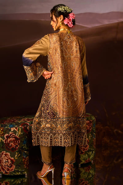 DAR-E-AAB Brown-blue paisley embroidered kurta set DAR-MAY26D145291