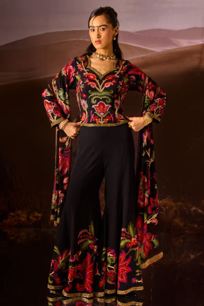 DAR-E-AAB Black & red floral embroidered sharara set DAR-MAY26D145294