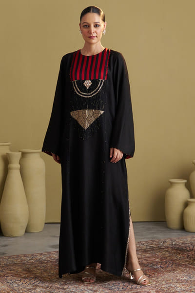 Black and red dori embroidered kaftan dress