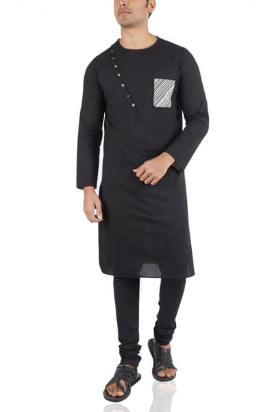 Black kurta with print detail and churidar set