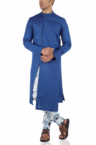 Blue linen kurta with satin details and printed churidar
