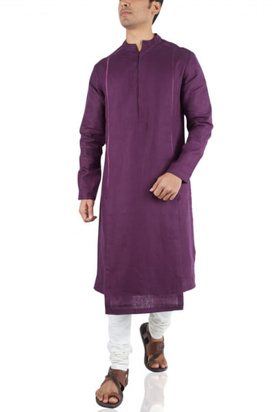 Purple linen kurta with off white churidar