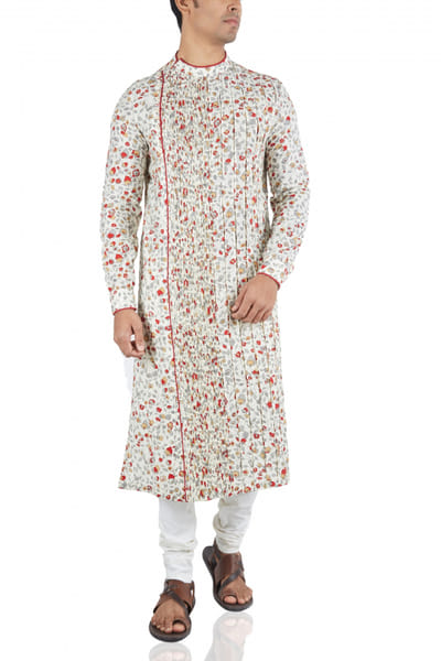 Printed pleated kurta with offwhite churidar