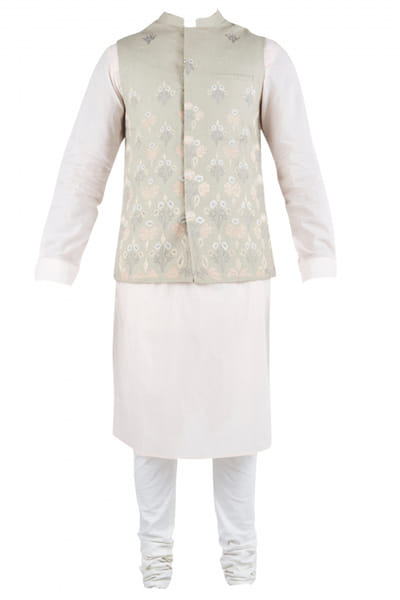 Dev R Nil Blush cotton kurta with embroidered waistcoat and off-white churidar DRN249CH01