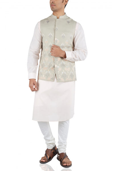 Dev R Nil Blush cotton kurta with embroidered waistcoat and off-white churidar DRN249CH01