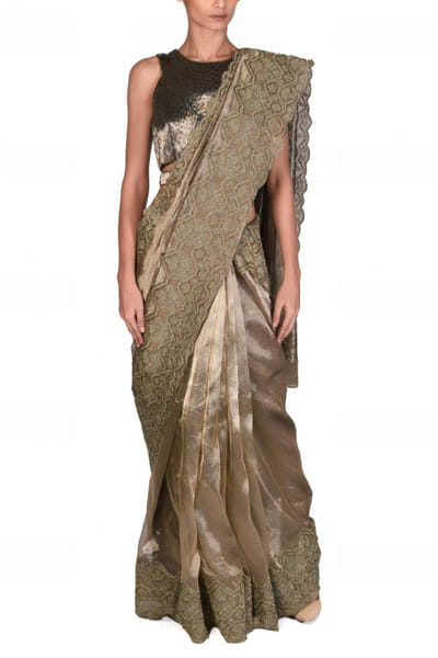 Dev R Nil Antique gold embroidered sari set DRNDFSR95