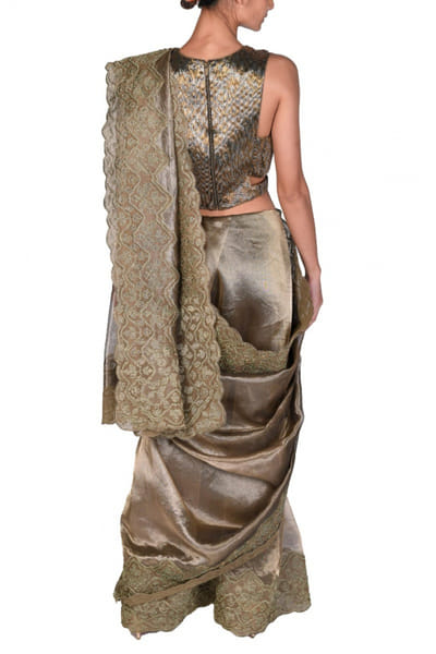 Dev R Nil Antique gold embroidered sari set DRNDFSR95