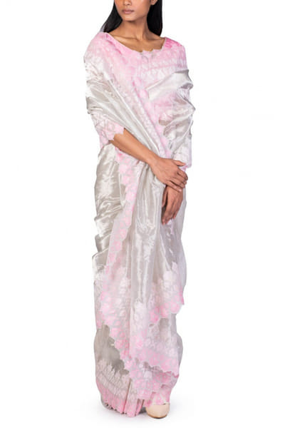 Dev R Nil Pink and silver tissue sari set DRNDFSRS82