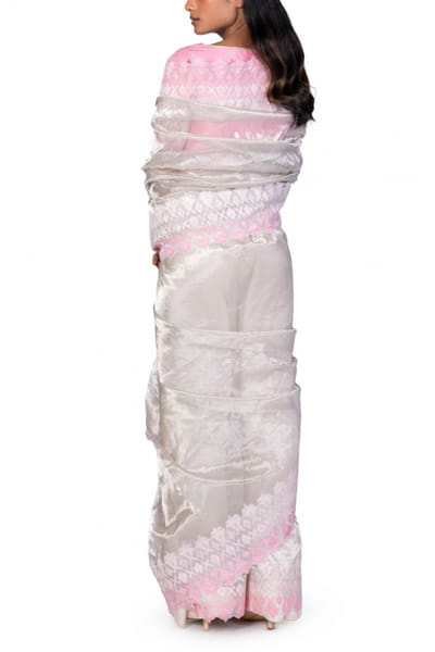 Dev R Nil Pink and silver tissue sari set DRNDFSRS82