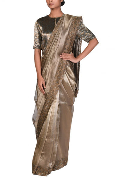 Dev R Nil Antique gold tissue sari set DRNDFSRS94