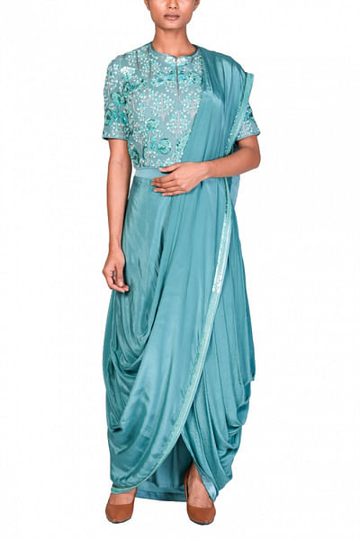 Mint blue draped sari set