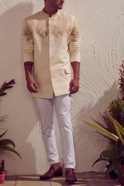 Cream embroidered bandhgala set