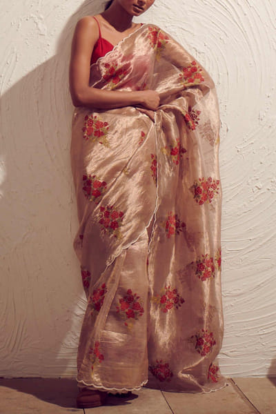 Dev R Nil Red rose tissue sari set DRNF19SARE73
