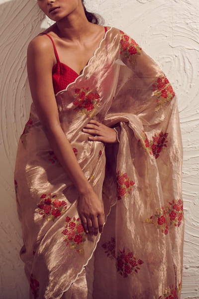 Dev R Nil Red rose tissue sari set DRNF19SARE73