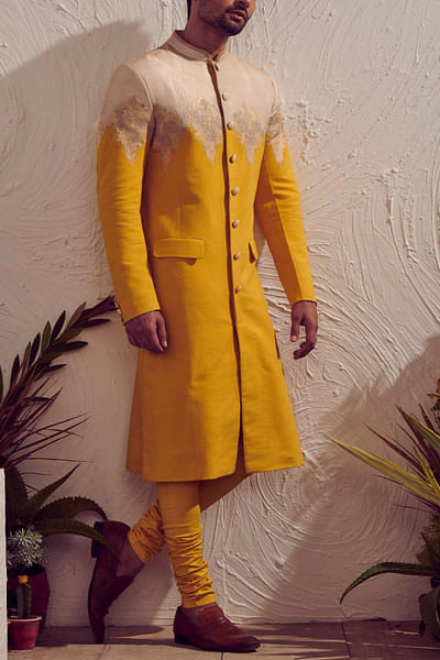 Mustard and ivory sherwani set