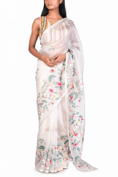 Dev R Nil Off white embroidered sari set DRNFSRS64