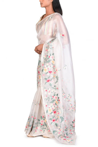 Dev R Nil Off white embroidered sari set DRNFSRS64