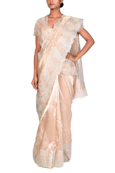Dev R Nil Pale gold tissue sari set DRNFSRS79