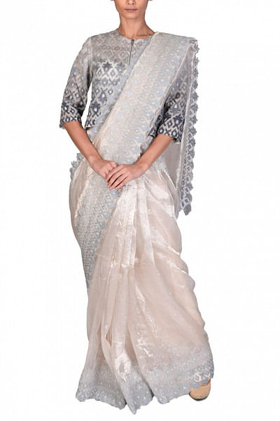 Grey embellished tissue sari set