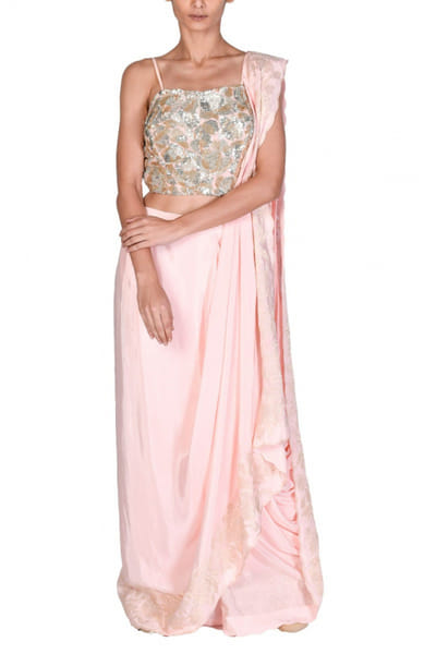 Dev R Nil Peach embroidered sari set DRNNSAR30