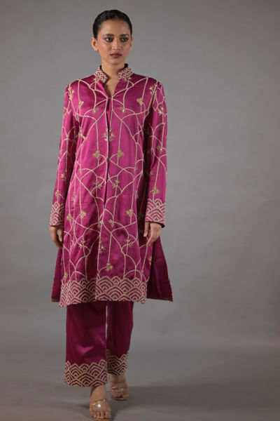 Fuchsia pink embroidered jacket set