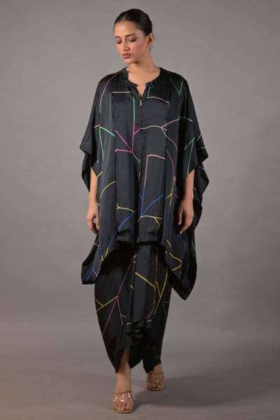 Black neon printed kaftan drape skirt set
