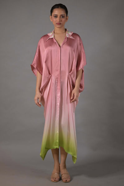 Dusty rose and green ombre embroidered kaftan