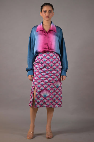 Cobalt blue and pink embroidered skirt set