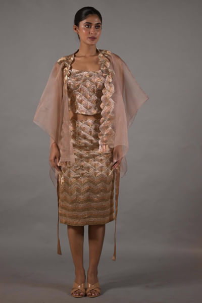 Metallic copper embroidered corset skirt set