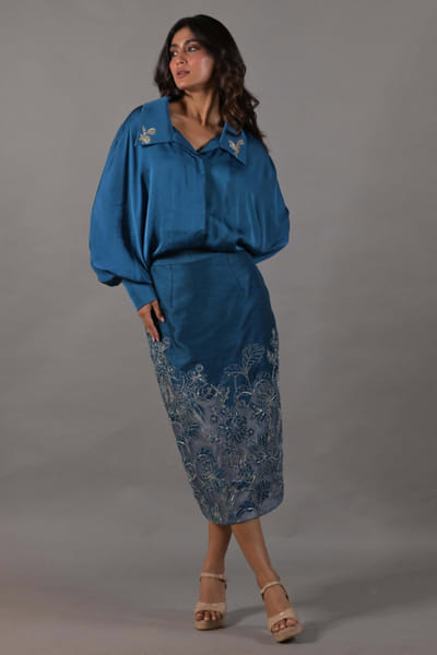 Cobalt blue embellished shirt skirt set