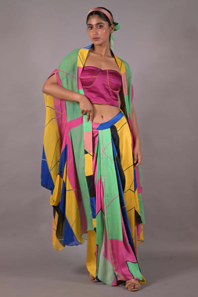 Multicoloured printed drape skirt set