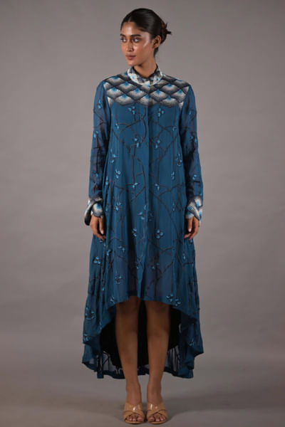 Dark grey and blue embroidered shirt dress