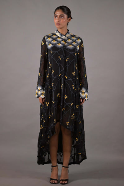Grey and yellow embroidered shirt dress