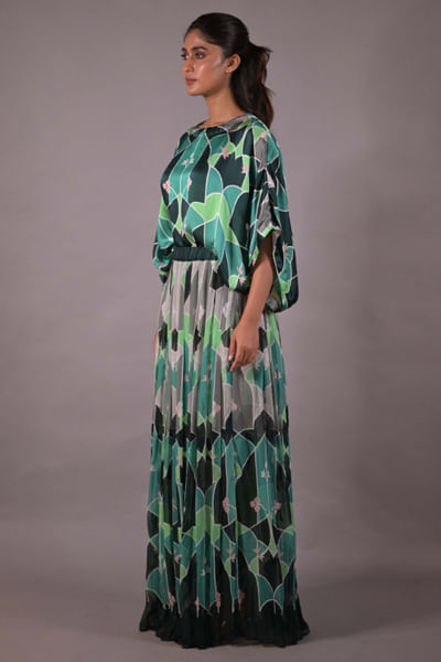 Dark green printed kaftan skirt set
