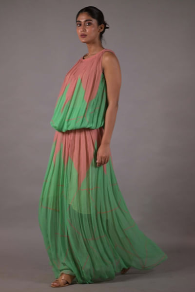 Pop green and dusty rose printed skirt set