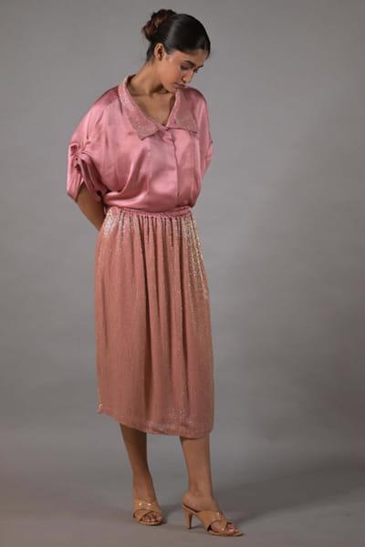 Dusty rose embroidered satin skirt set