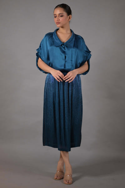 Cobalt blue embroidered satin skirt set