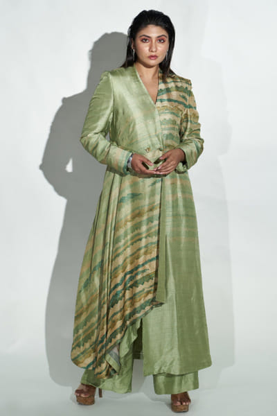 Sap green printed long jacket set