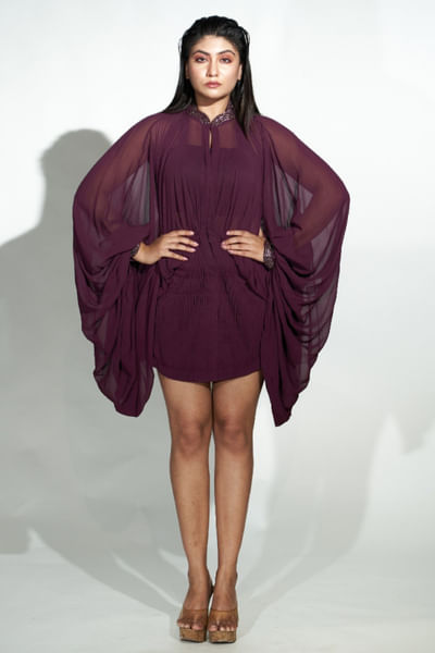 Plum embroidered pleated dress